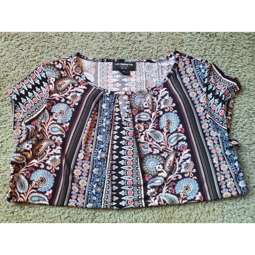 Liz Claiborne Career Petite Short Sleeve Key Hole Crew Neck Blouse Size PL Multi - Picture 6 of 15